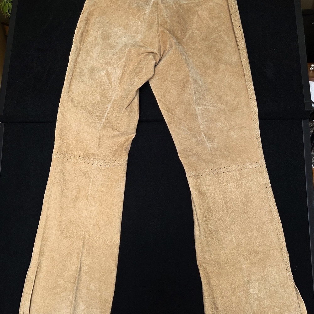 Suede Leather Pants Embossed Size 12 Bell Bottom Flare Leg Long - Picture 9 of 16